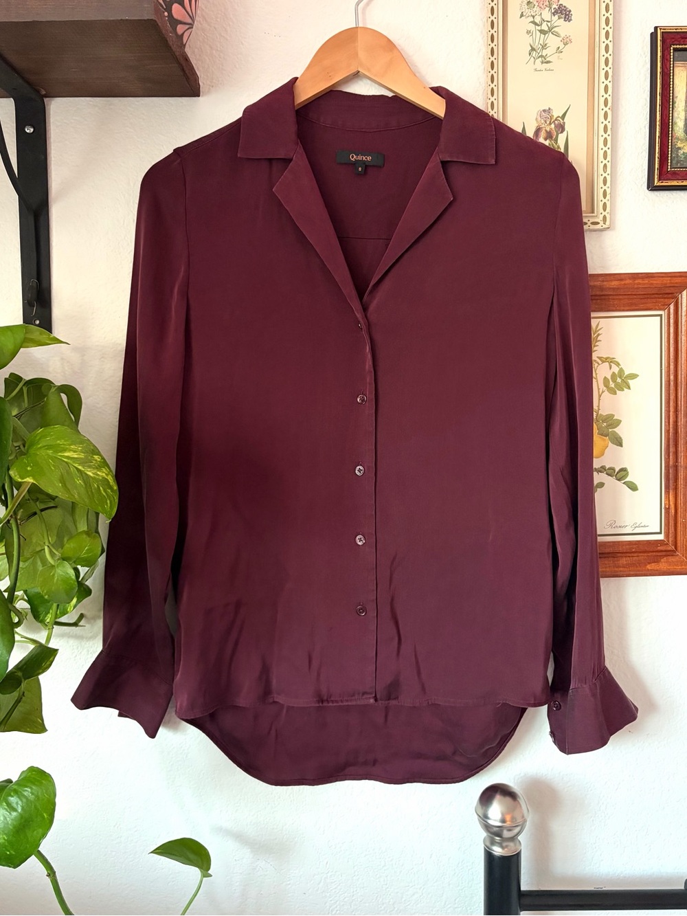 Quince Washable Stretch Silk Notch Collar Blouse - Wine Tasting Red - Small